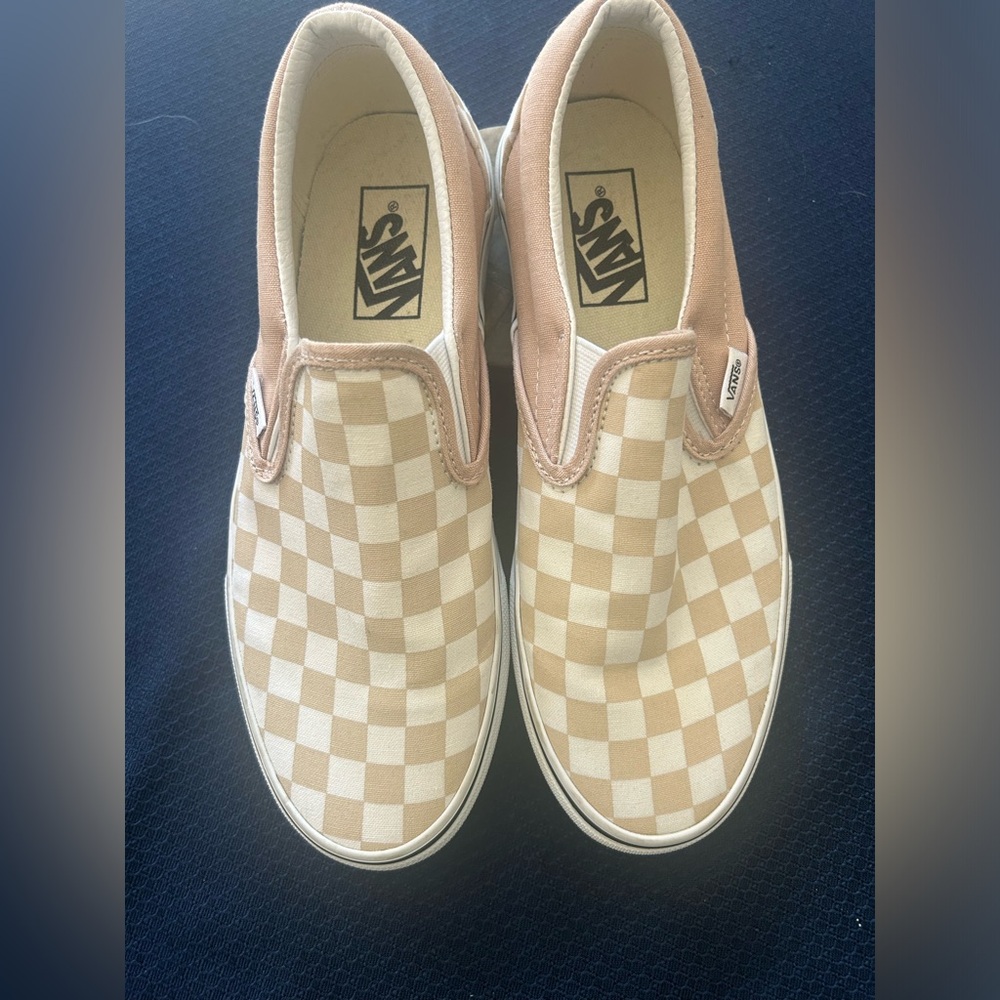 White & Tan checkered slip on Vans